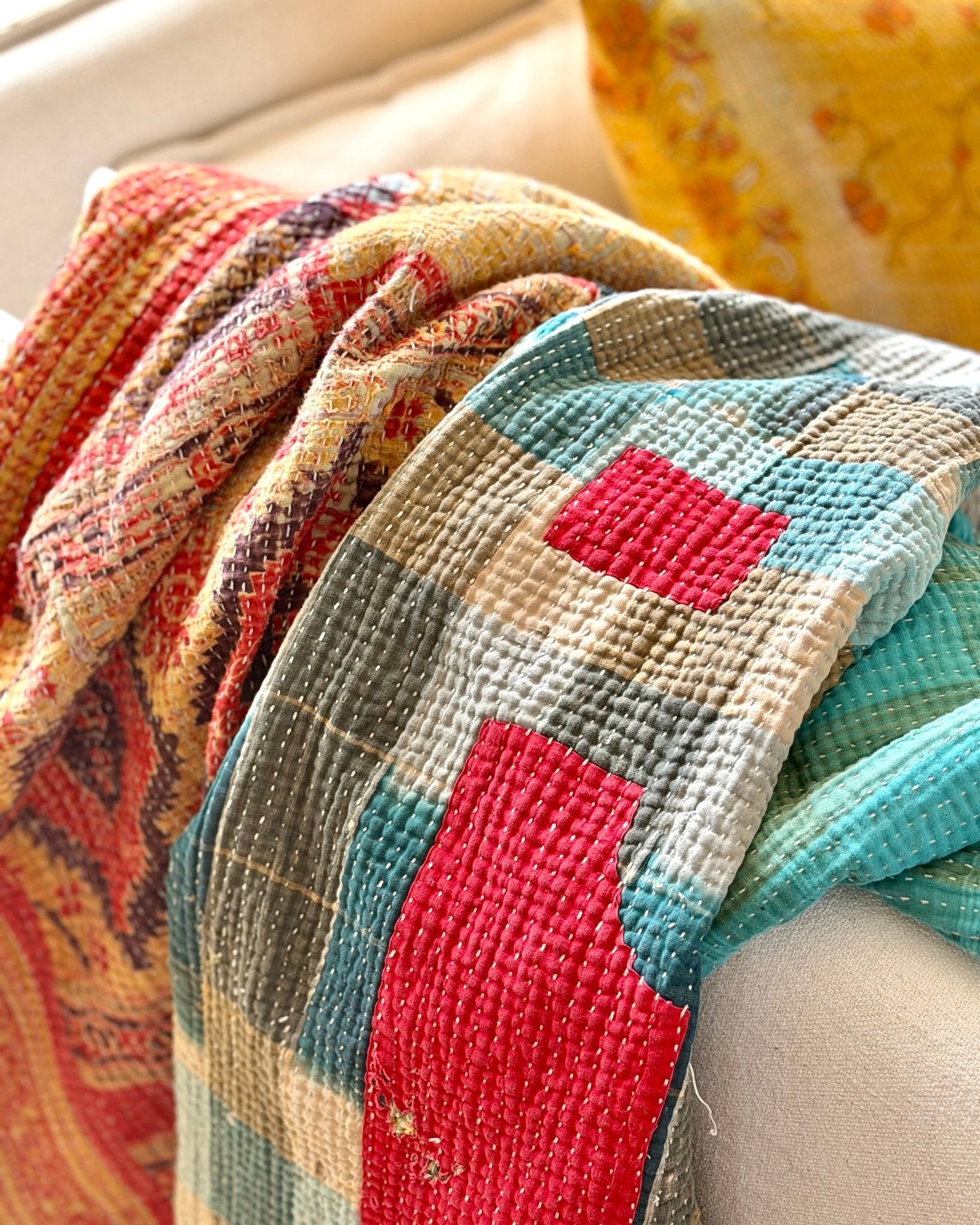 Extra Large Textured Vintage Kantha Quilt In Geometric Yellow, Black and Orange - Biggs & Hill