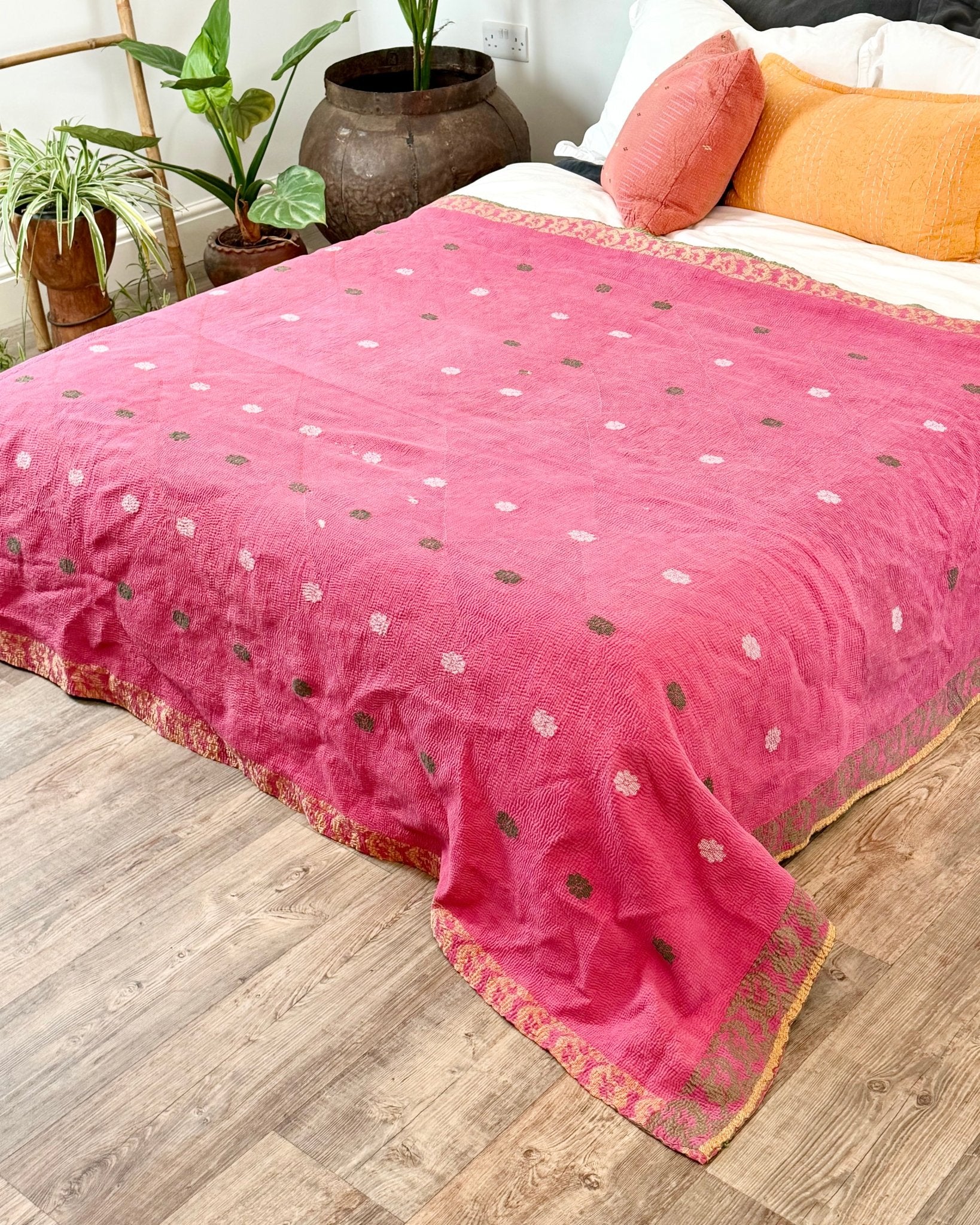 Large Fine Stitched Vintage Kantha Quilt With Yellow and Brown Flame Pattern - Biggs & Hill