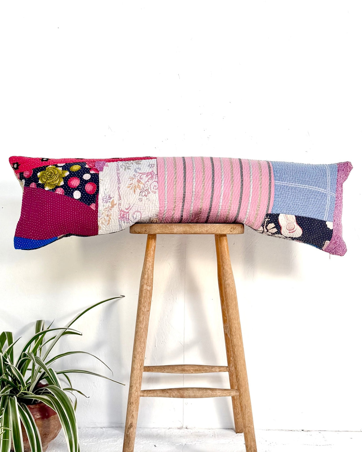 Vintage Kantha Bolster Cushion Cover In Multicolour Patchwork 30 x 100 - Biggs & Hill