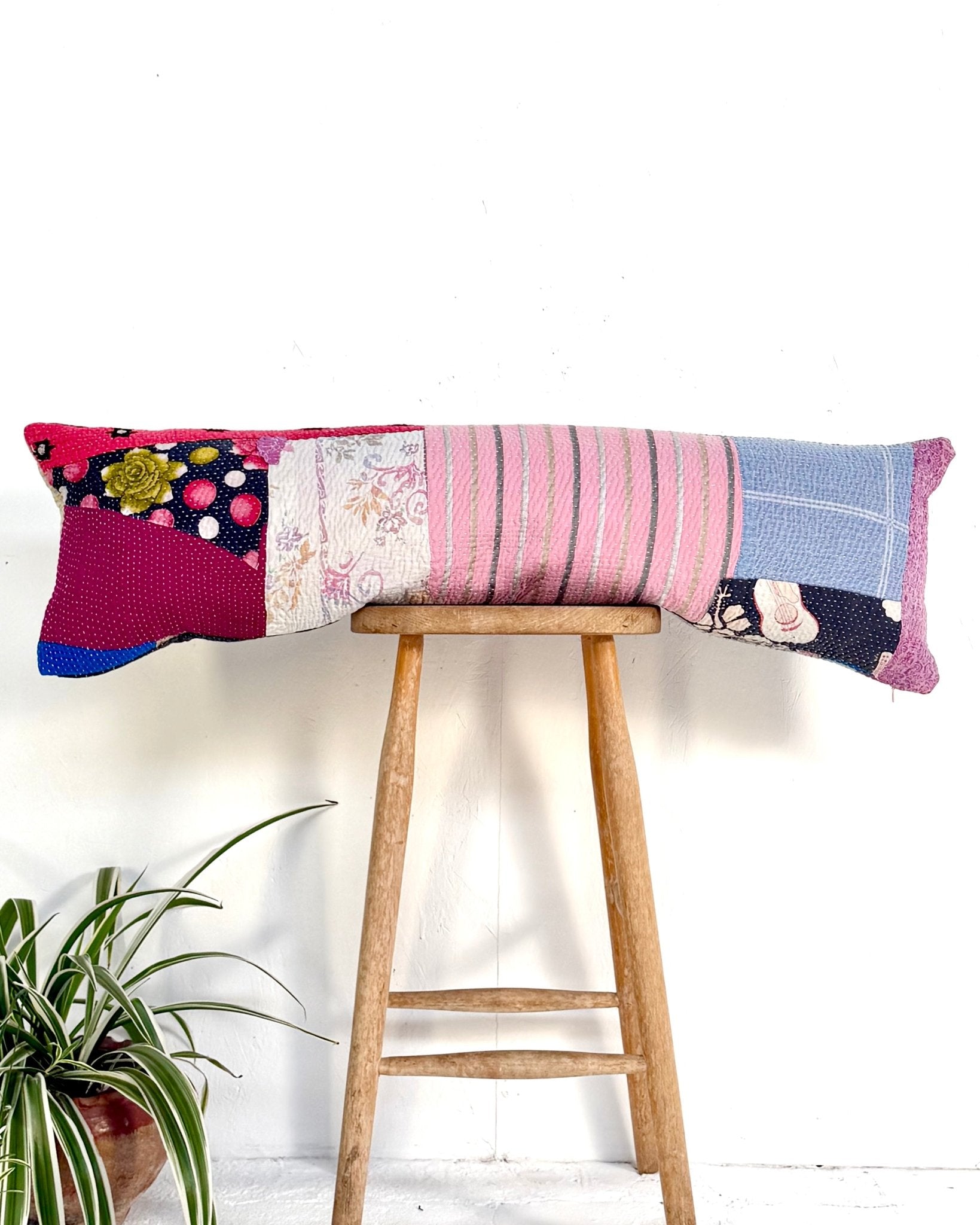 Vintage Kantha Bolster Cushion Cover In Multicolour Patchwork 30 x 100 - Biggs & Hill