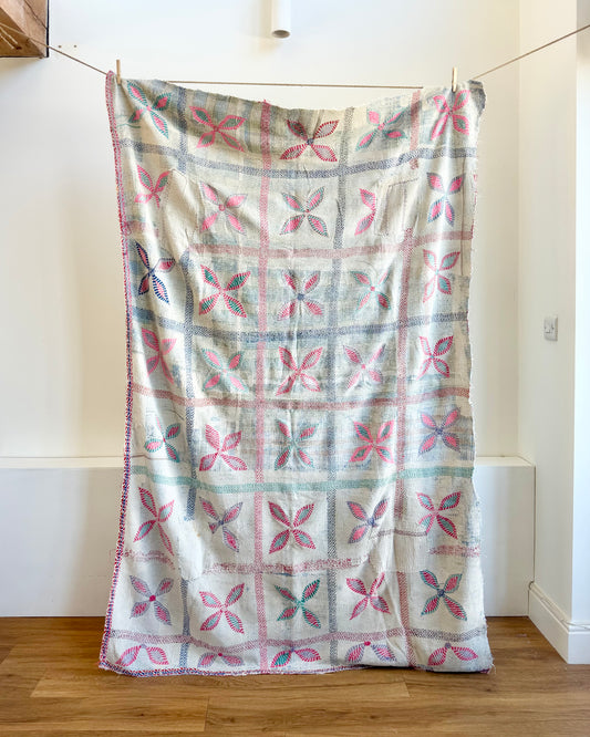 Project Kantha Quilt: Large Nakshi Kantha With Pink And Blue Flowers