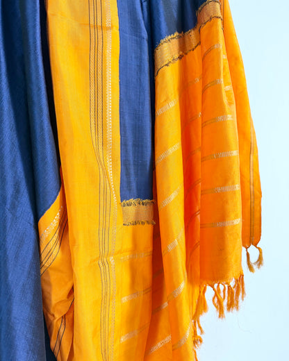 Preloved Silk Sari Length In Deep Blue and Orange 03
