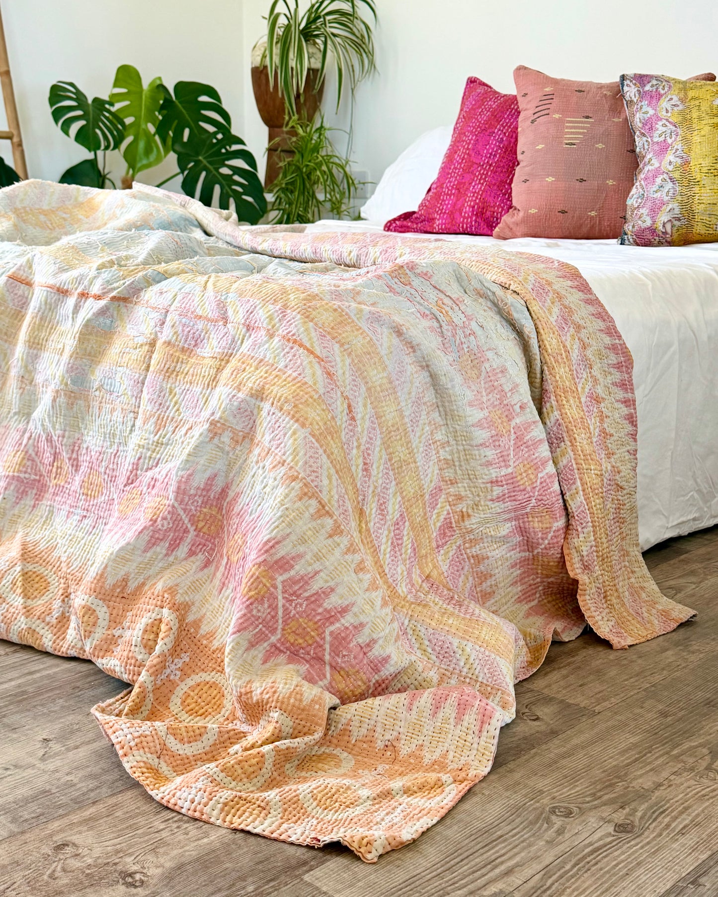Textured Vintage Kantha Quilt In Pink and Yellow