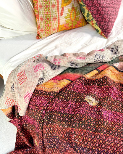 Embroidered Vintage Kantha Quilt in Pink and White - Biggs & Hill
