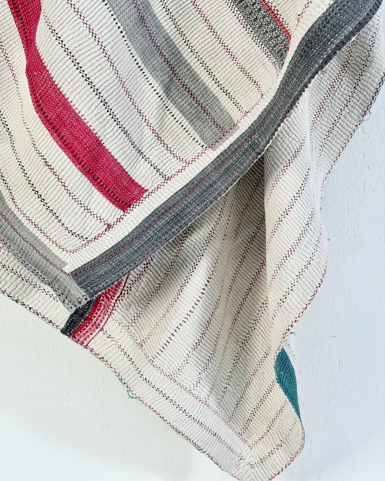 Large Heavy Fine Stitched Embroidered Vintage Kantha Quilt in White and Pink - Biggs & Hill
