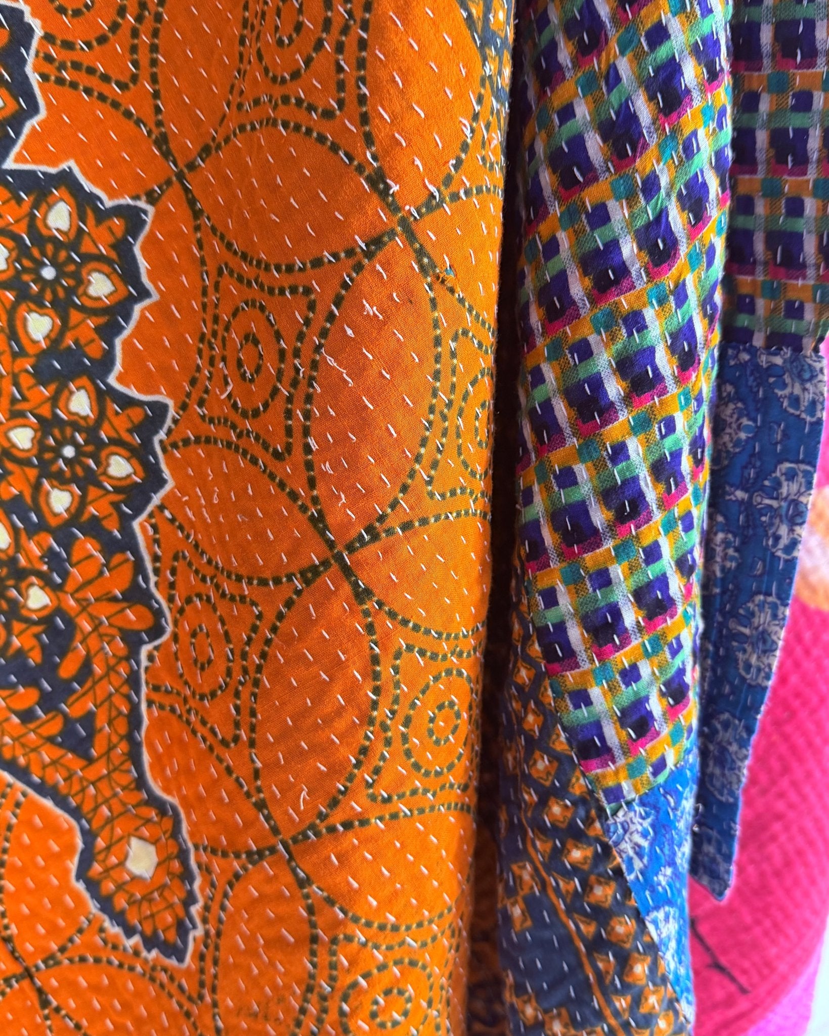 Extra Large Fine Stitched Vintage Kantha Quilt in Pink Floral, Yellow and Blue - Biggs & Hill