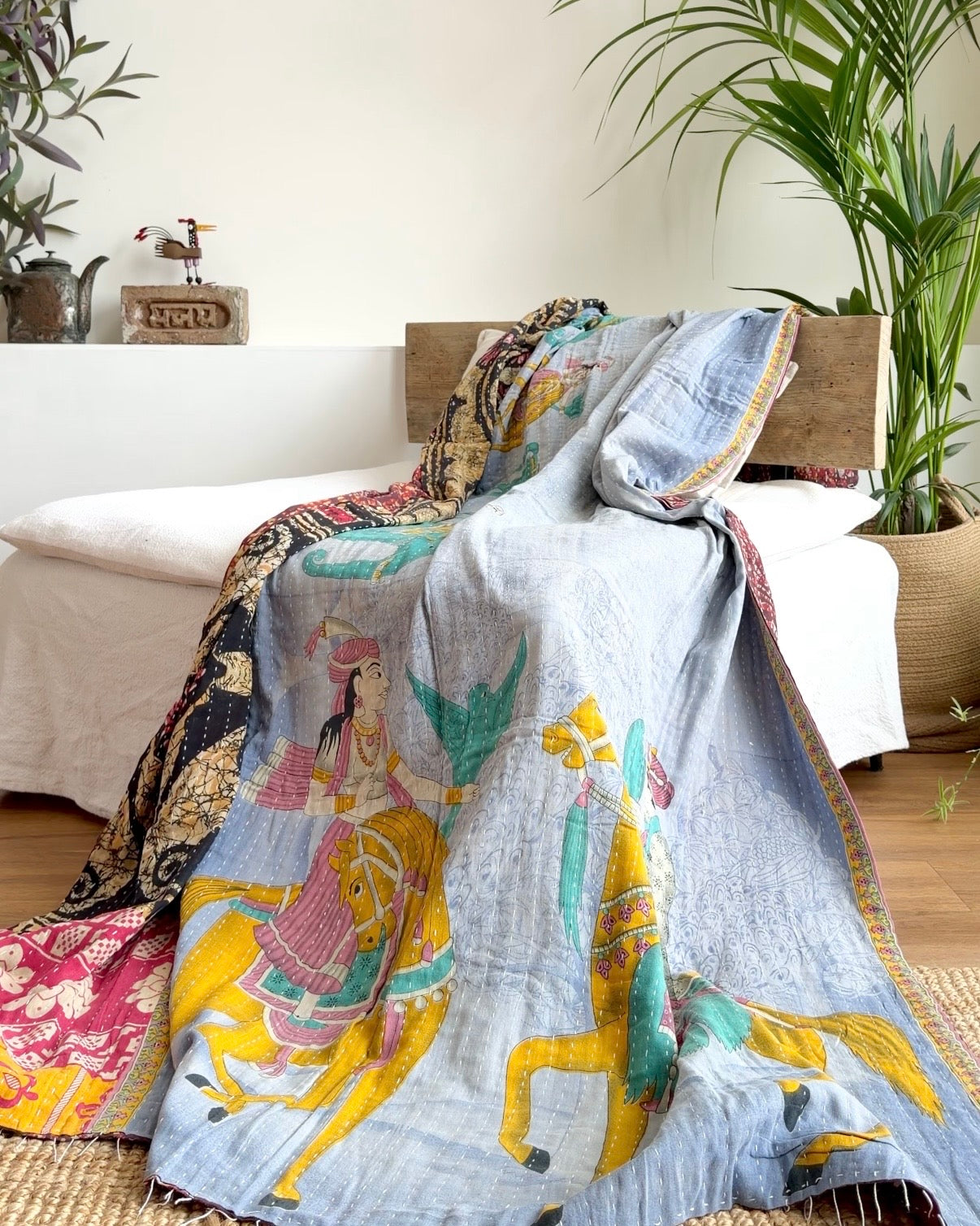 Vintage Cotton Kantha Quilt With Blue Elephant Scenes #21