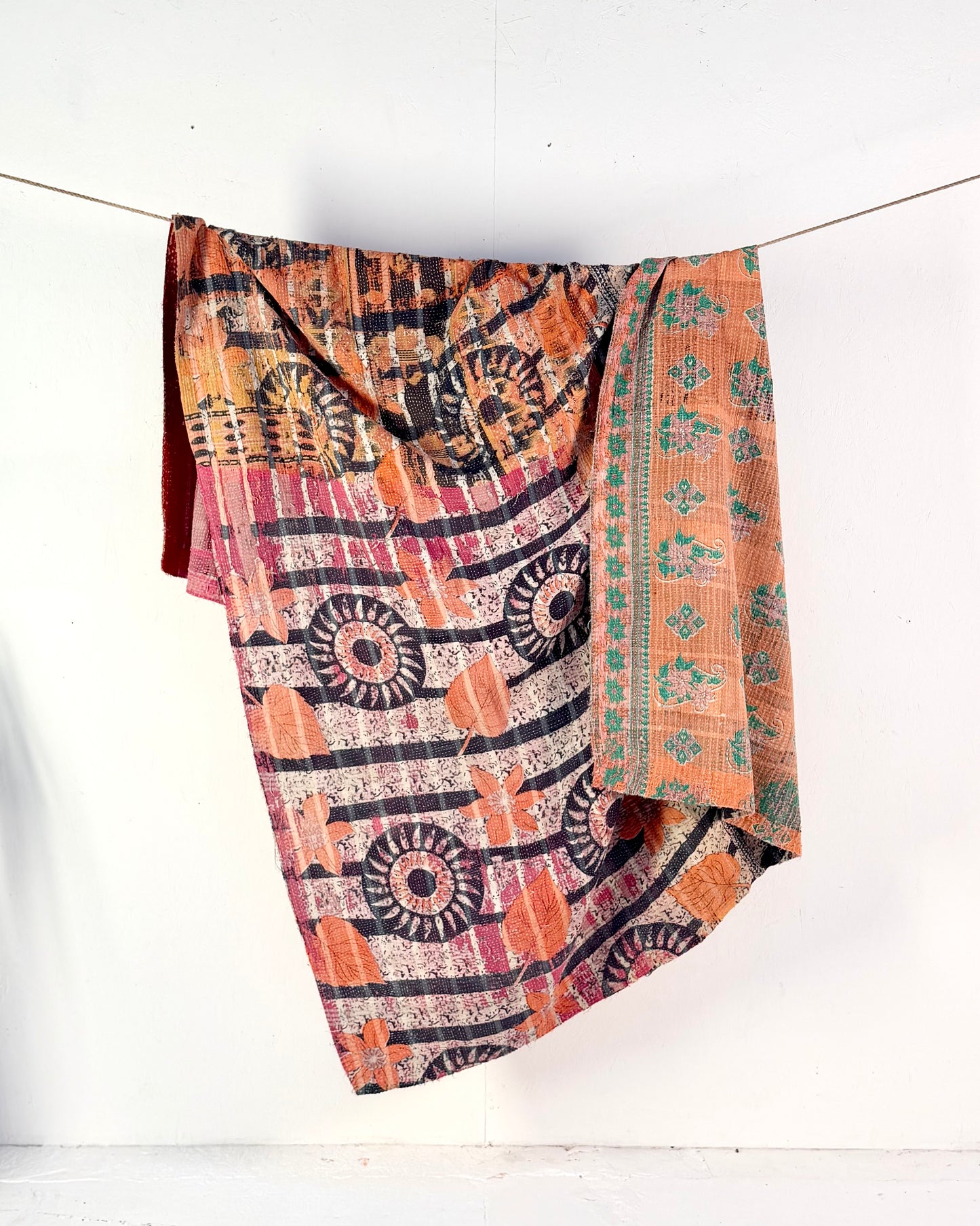Large Textured Vintage Kantha Quilt in Pink and Blue Patterns