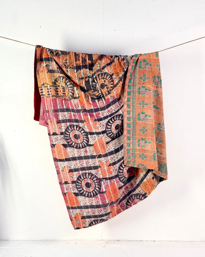 Large Textured Vintage Kantha Quilt in Pink and Blue Patterns