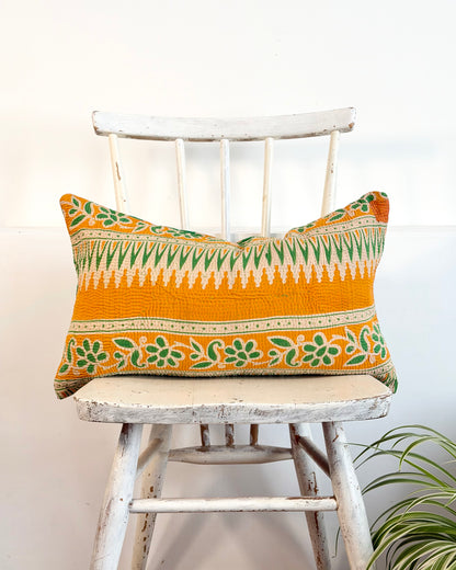Vintage Kantha Cushion In Green and Orange - Small Rectangular