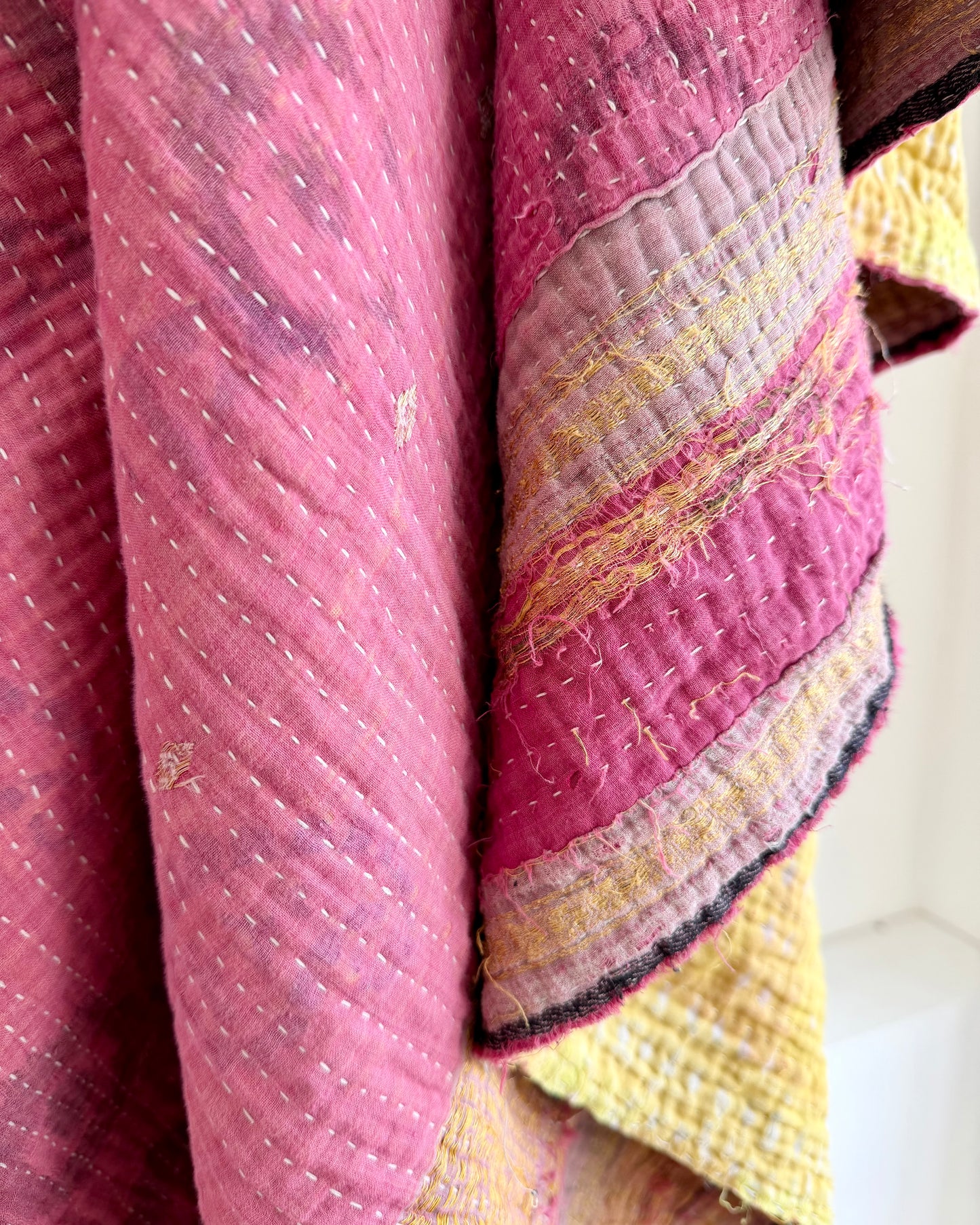 Extra Large Fine Stitched Vintage Kantha Quilt in Pink And Yellow