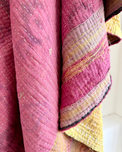 Extra Large Fine Stitched Vintage Kantha Quilt in Pink And Yellow