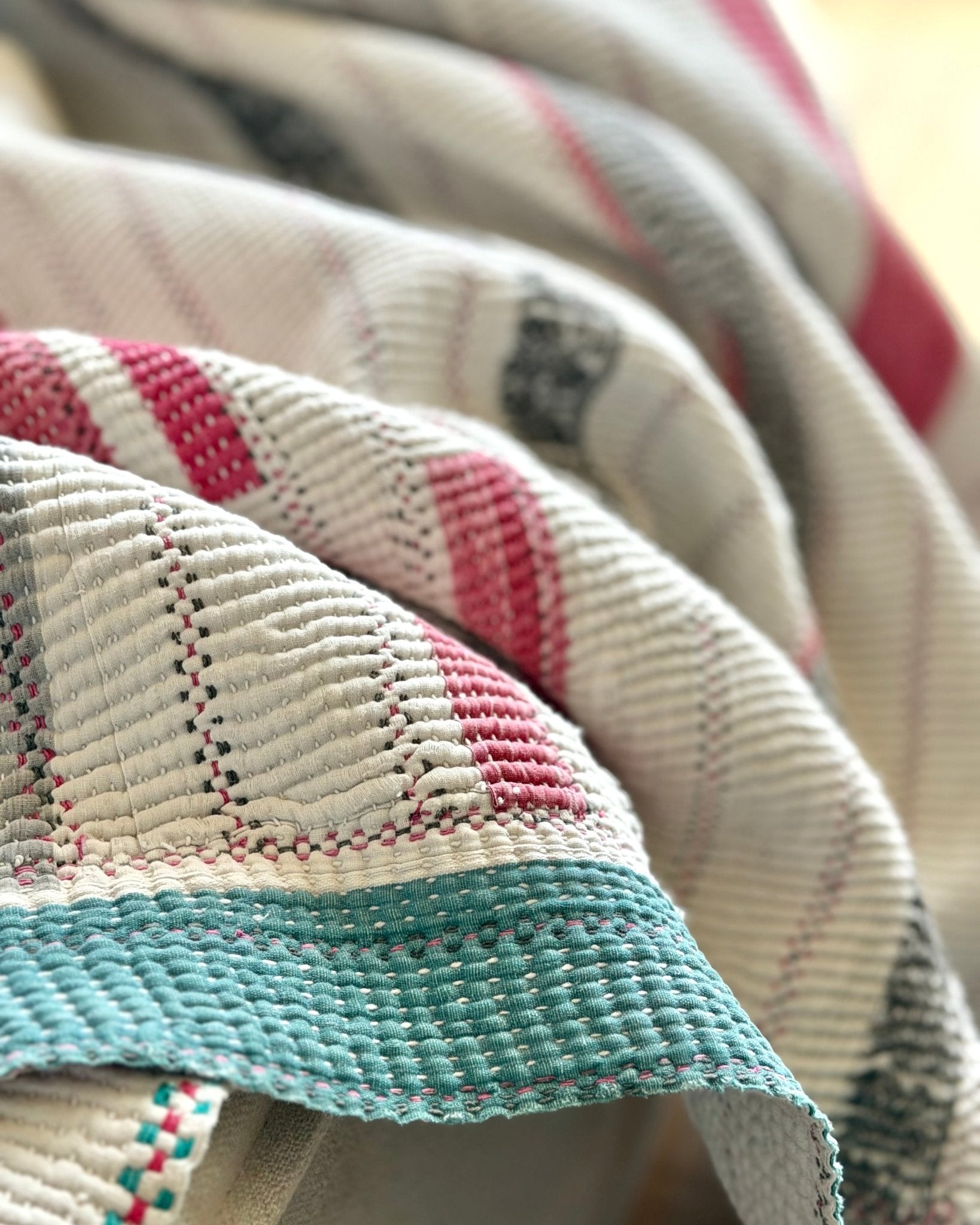 Large Heavy Fine Stitched Embroidered Vintage Kantha Quilt in White and Pink - Biggs & Hill