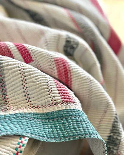 Large Heavy Fine Stitched Embroidered Vintage Kantha Quilt in White and Pink - Biggs & Hill