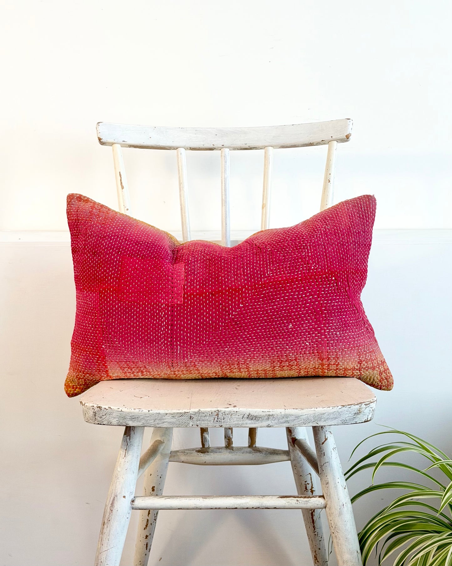 Vintage Kantha Cushion In Pink and Yellow - Small Rectangular