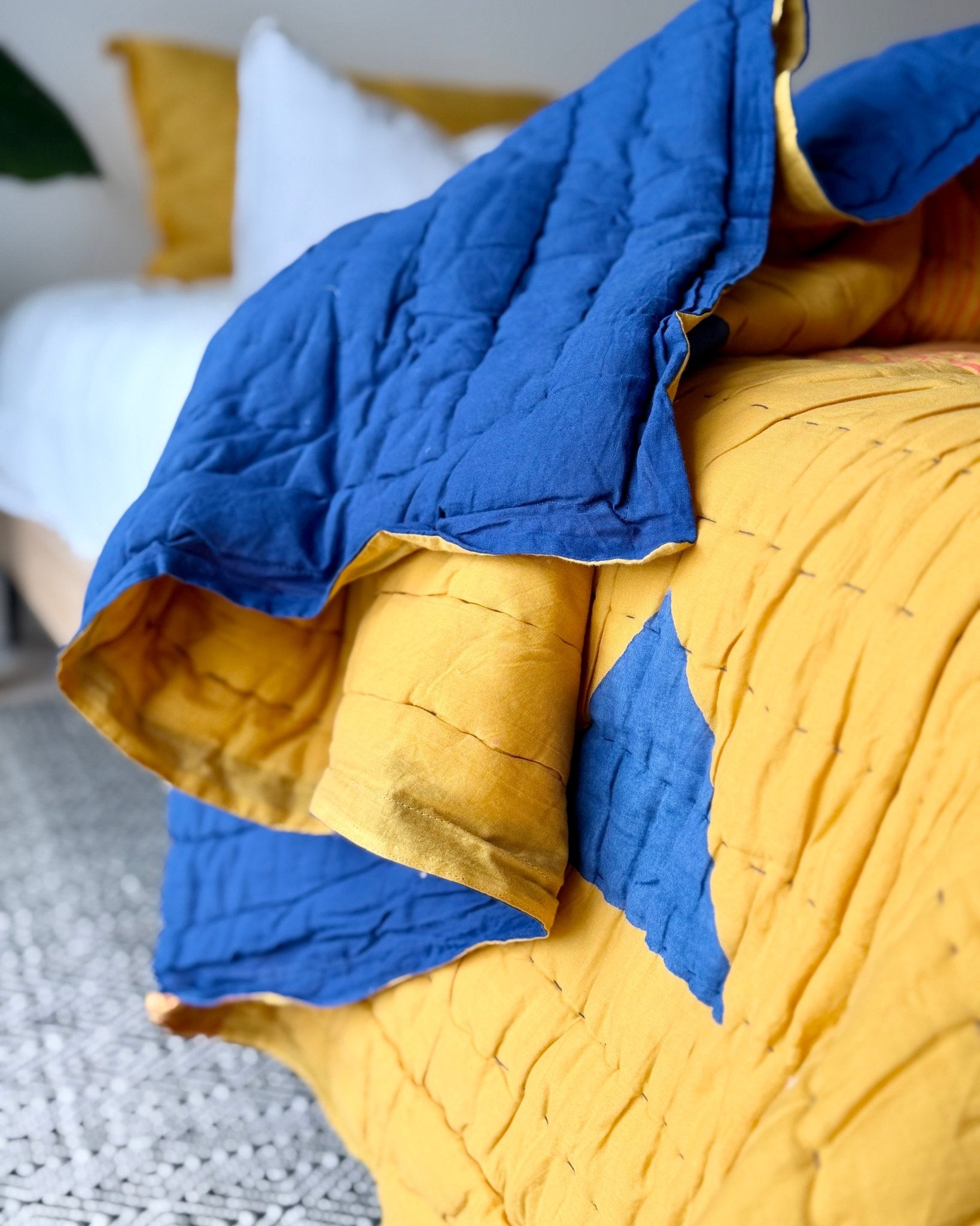 Quilted Kantha In Blue and Yellow With Geometric Patterns - SUPER KING - Biggs & Hill