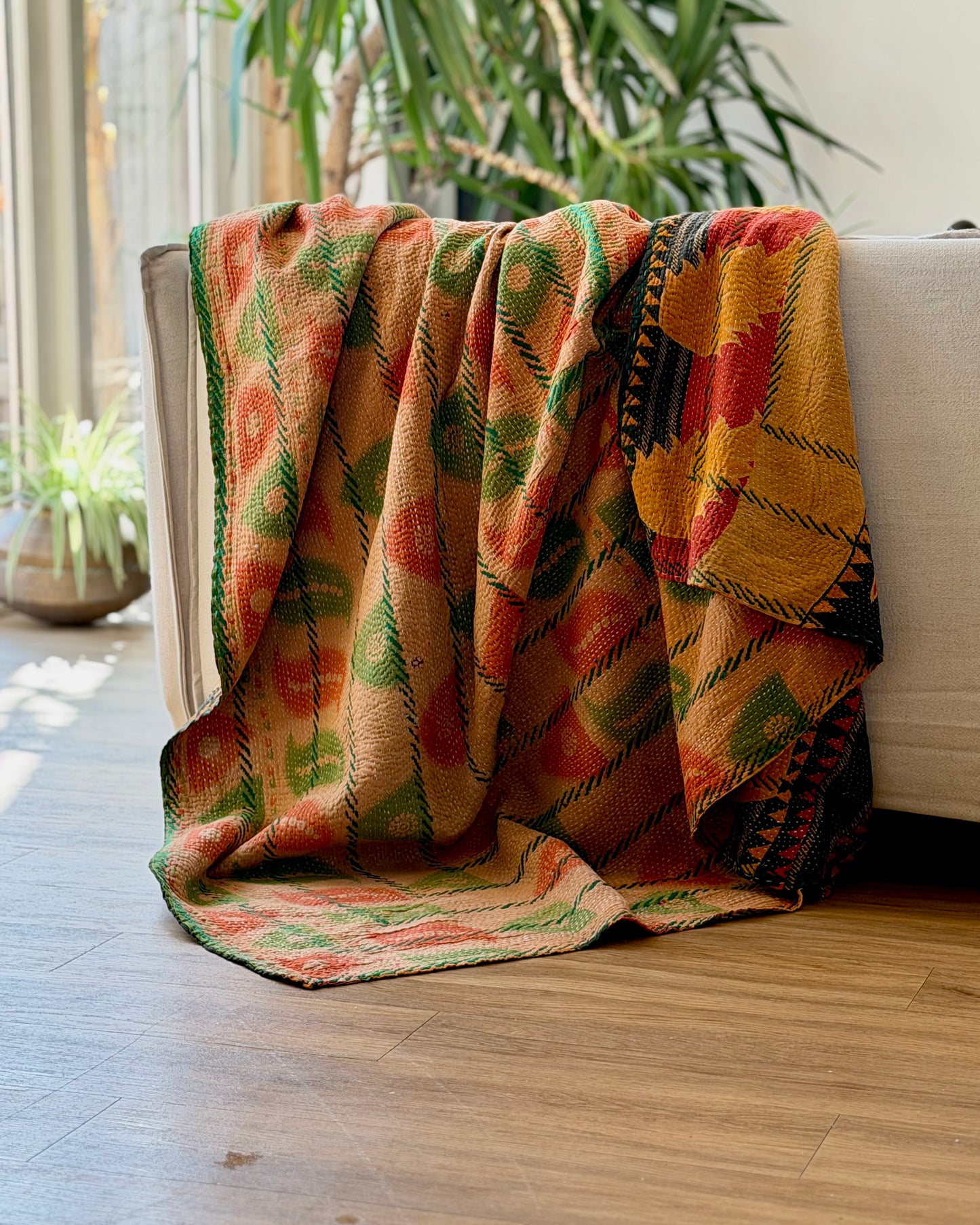 Extra Large Embroidered Vintage Kantha Quilt in Orange and Green