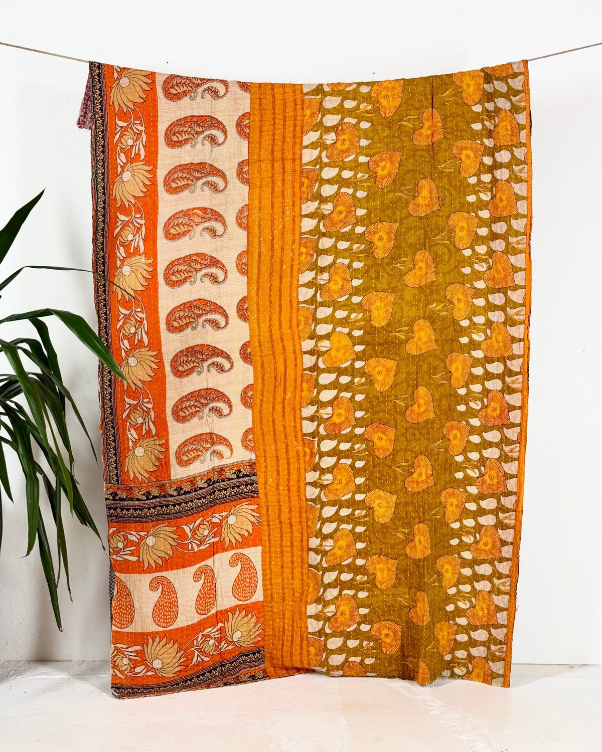 Vintage Cotton Kantha Quilt In Orange and Black Floral 14 - Biggs & Hill