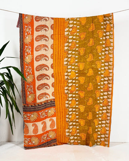 Vintage Cotton Kantha Quilt In Orange and Black Floral 14 - Biggs & Hill