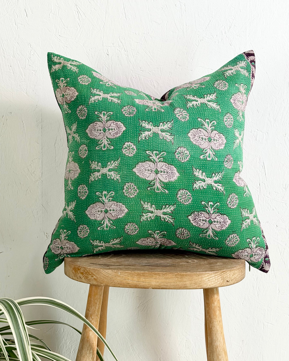 Handmade Vintage Kantha Cushion Cover In Green and Purple - 45cm (18") Square