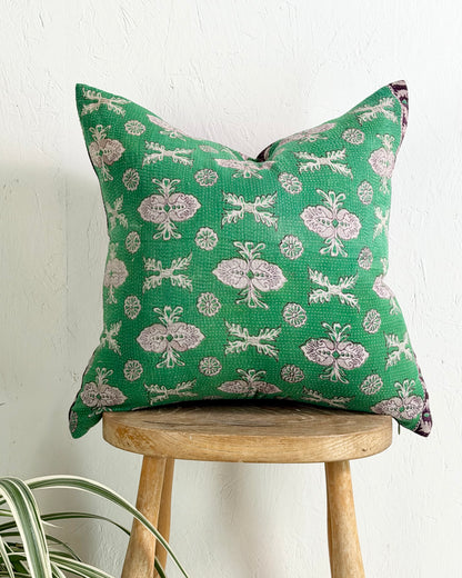 Handmade Vintage Kantha Cushion Cover In Green and Purple - 45cm (18") Square