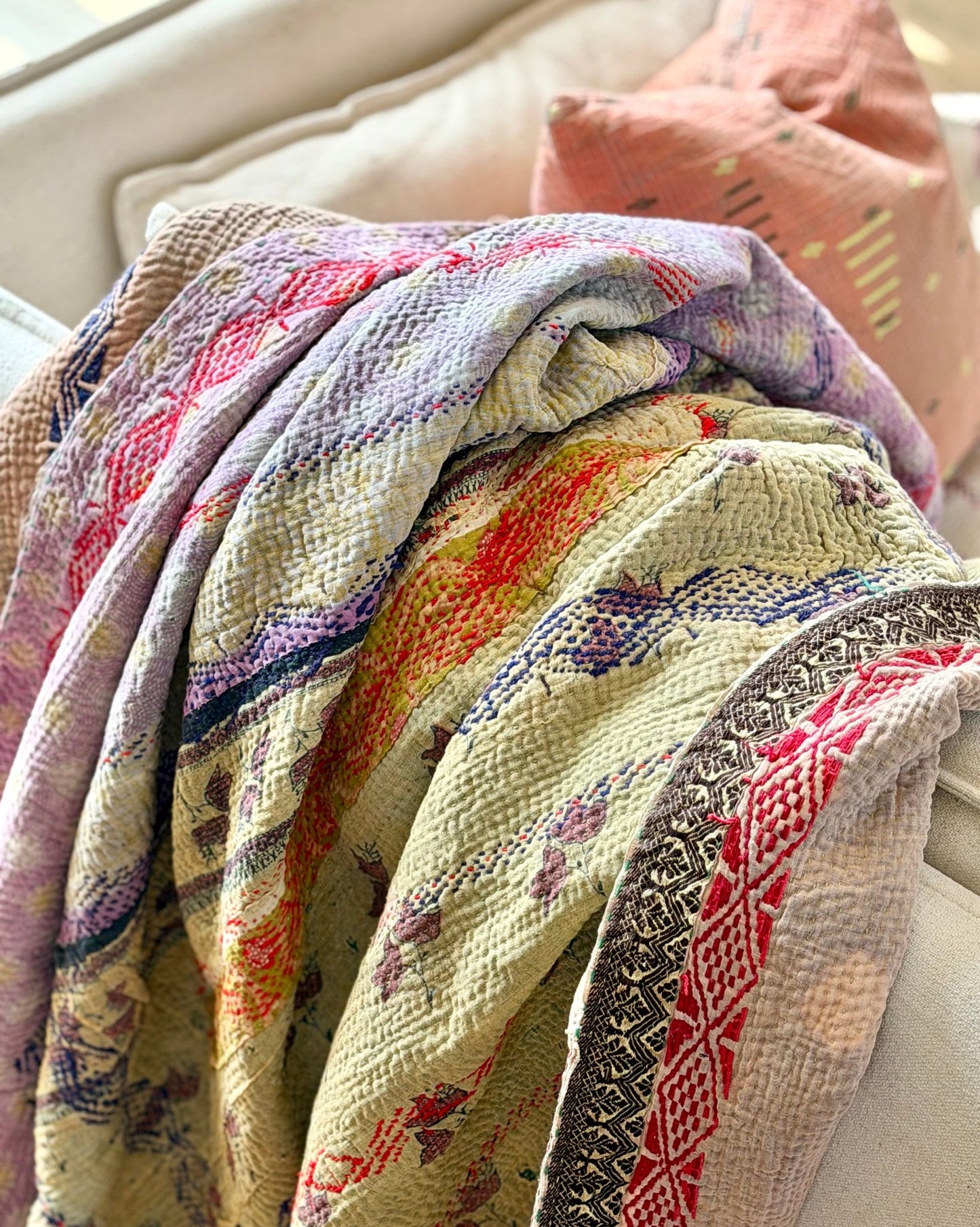 Embroidered Vintage Kantha Quilt in Yellow, Pink and Lilac - Biggs & Hill