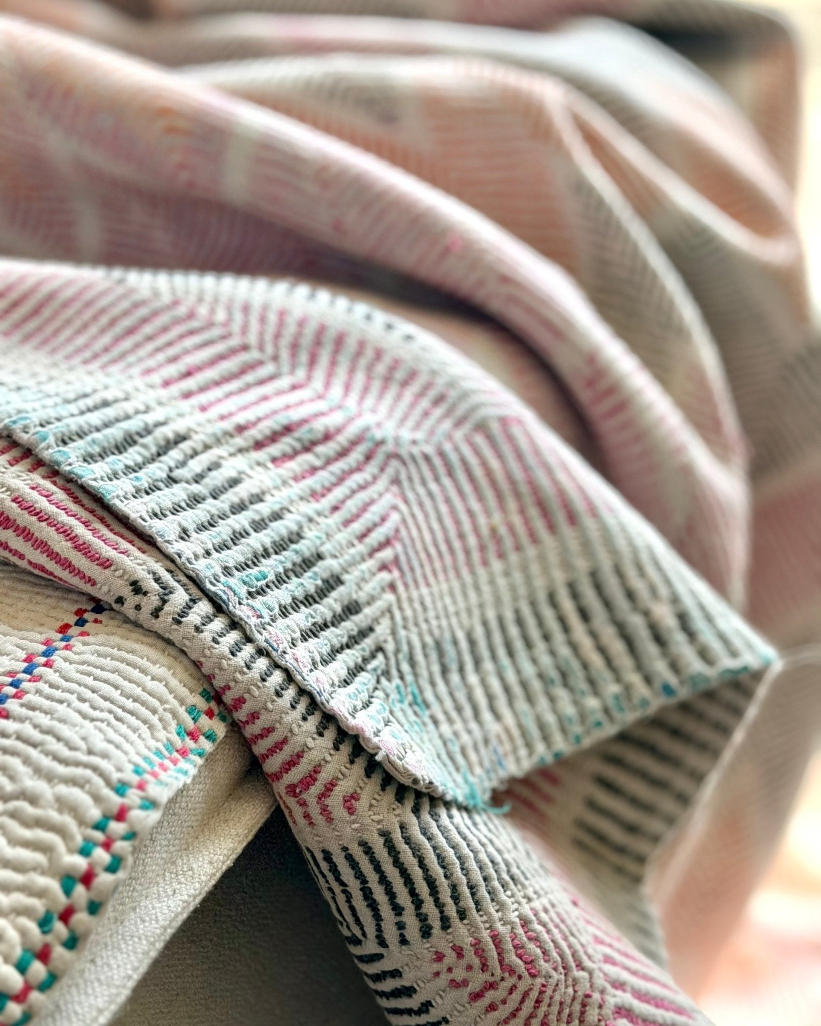 Heavy Vintage Lohori Kantha Quilt in Pink and Yellow Zig Zags - Biggs & Hill