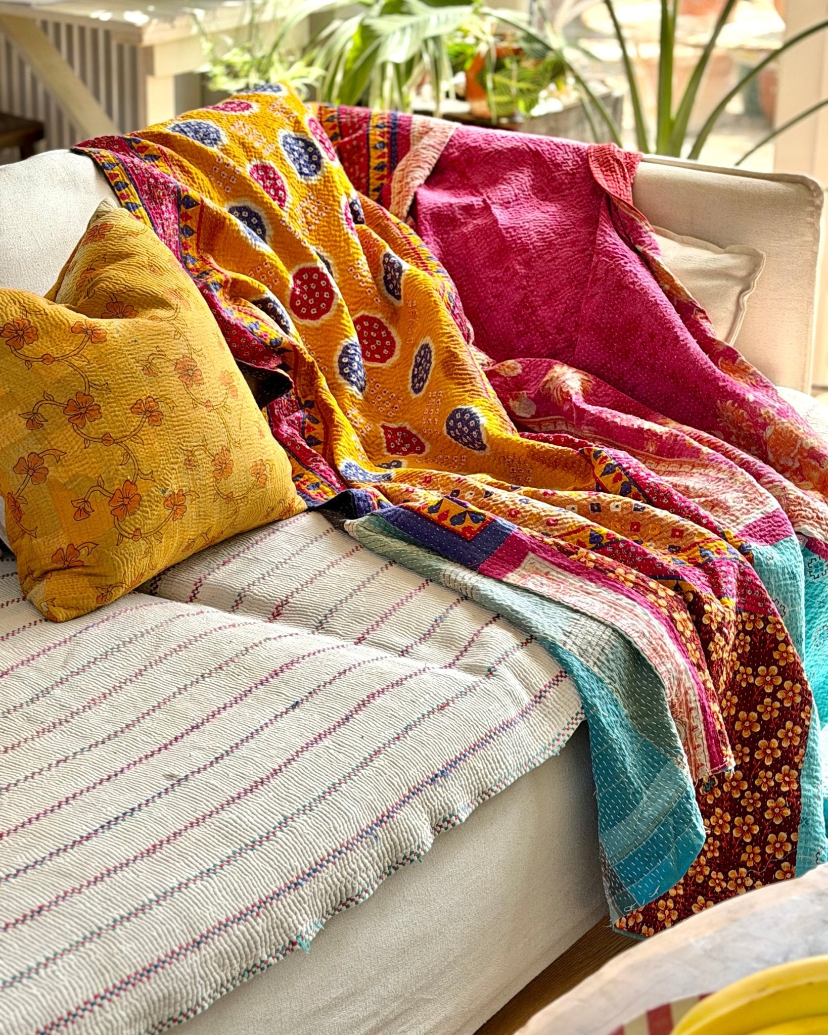Large Fine Stitched Vintage Kantha Quilt in Pink, Turquoise and Yellow - Biggs & Hill