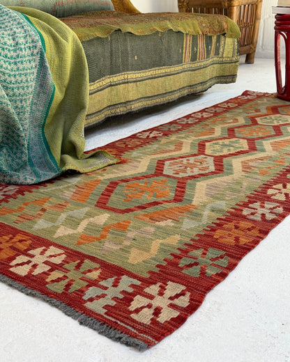 Terracotta and Green Afghan Chobi Kilim Rug - Biggs & Hill