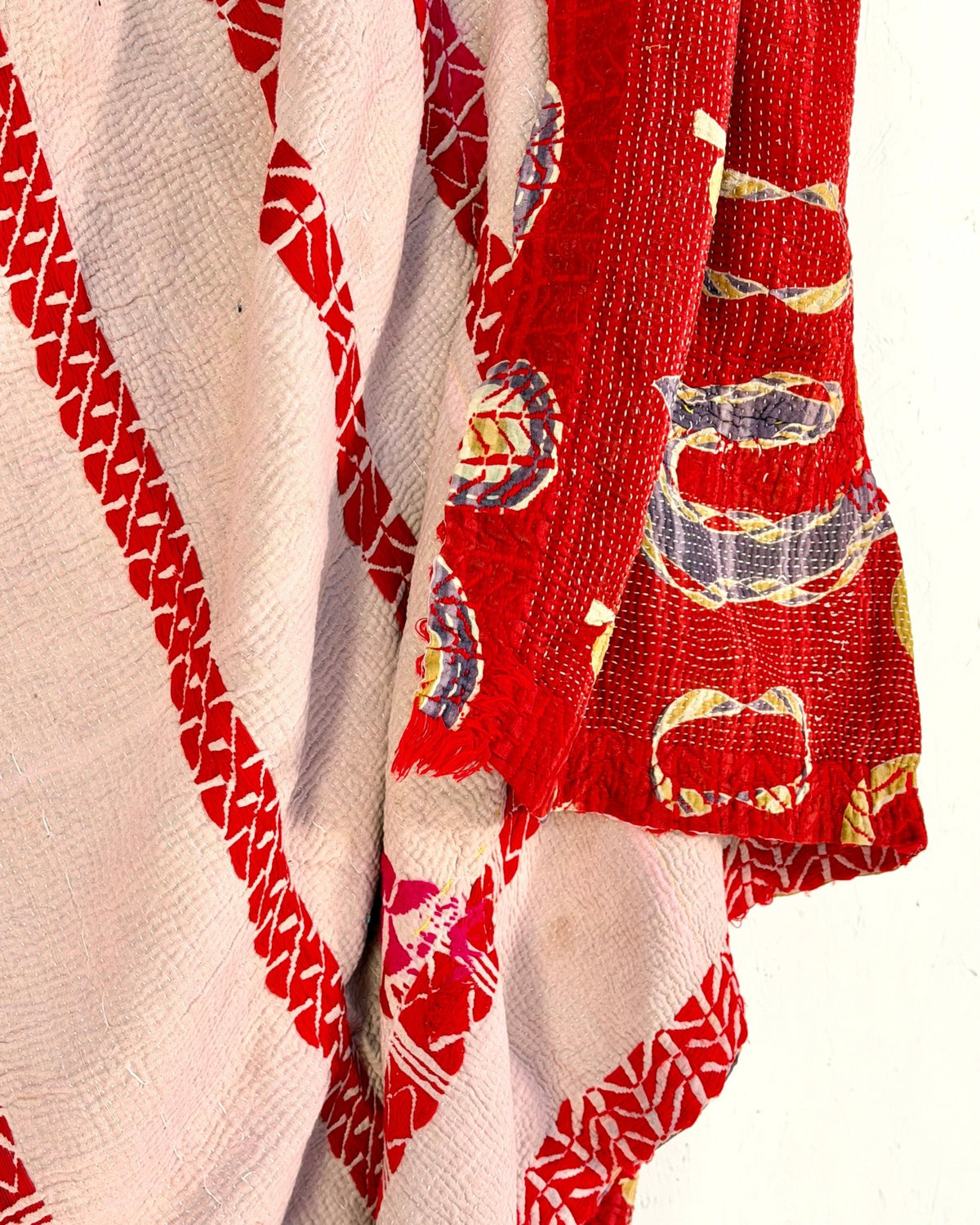 Embroidered Vintage Kantha Quilt in Red and Lilac - Biggs & Hill