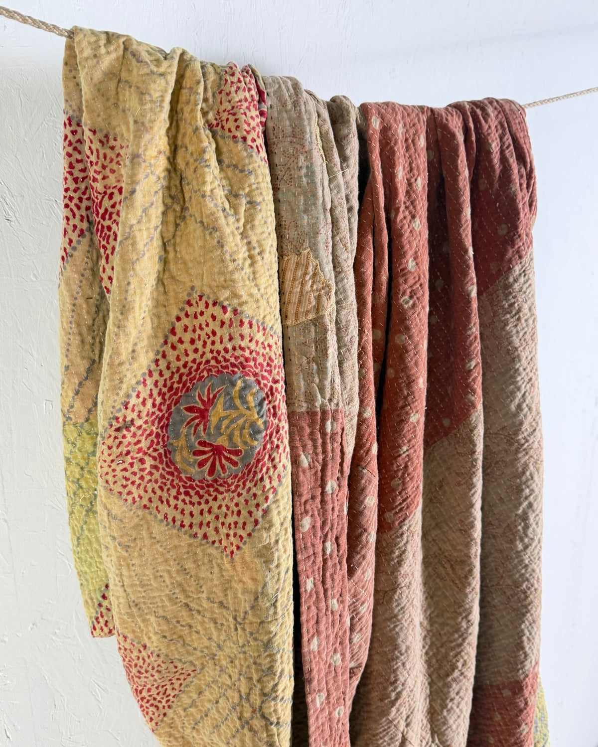 Large Fine Stitched Vintage Kantha Quilt in Soft Green and Brown - FIRST picture - Biggs & Hill