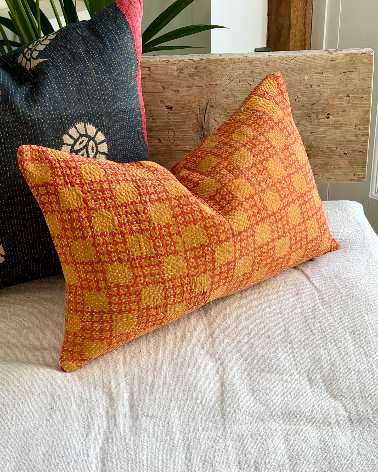 Vintage Kantha Cushion In Pink and Yellow - Small Rectangular