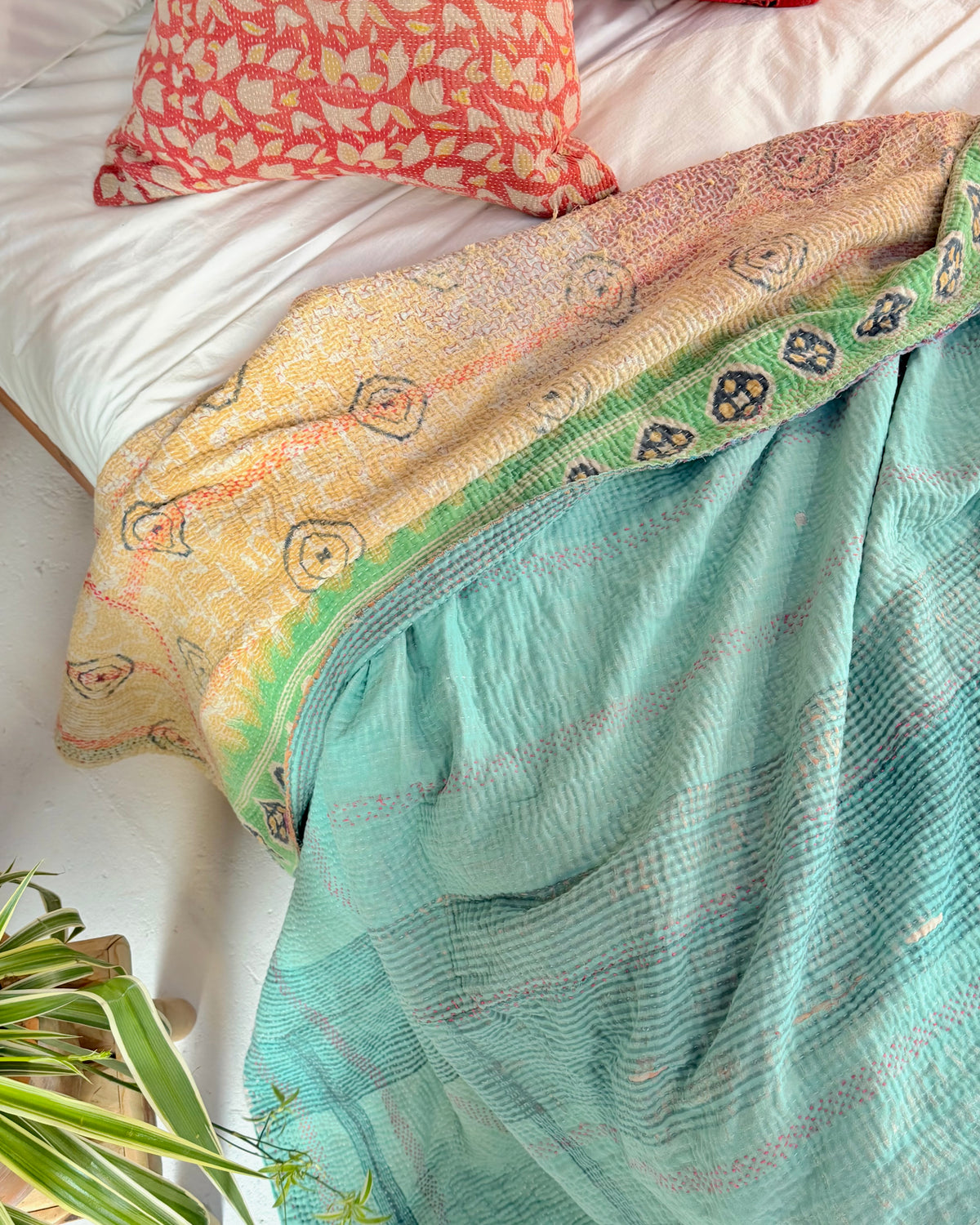 Large Embroidered Vintage Kantha Quilt in Pink, Green and Blue