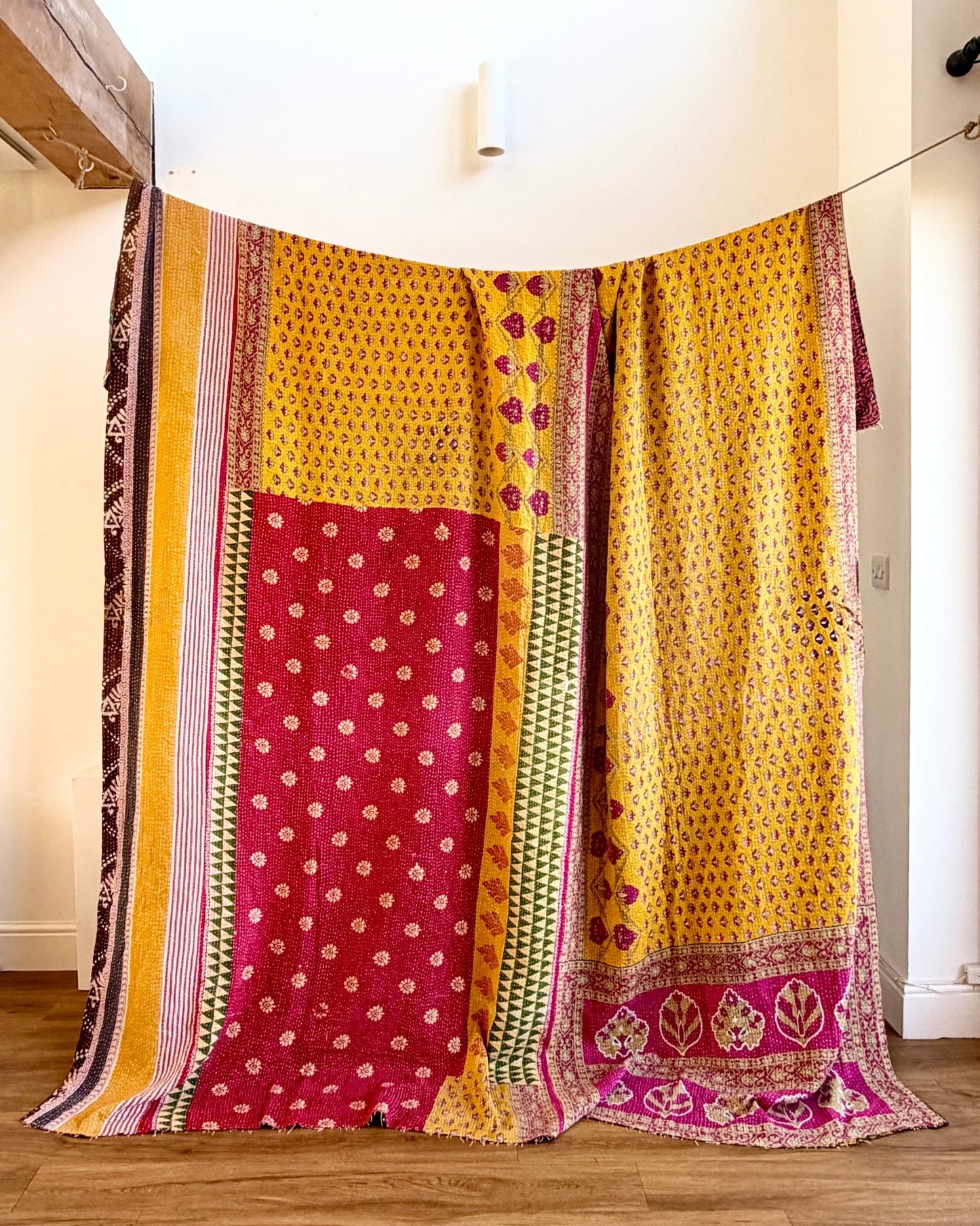 Super King Vintage Kantha Quilt in Green, Purple, Yellow and Red - Biggs & Hill
