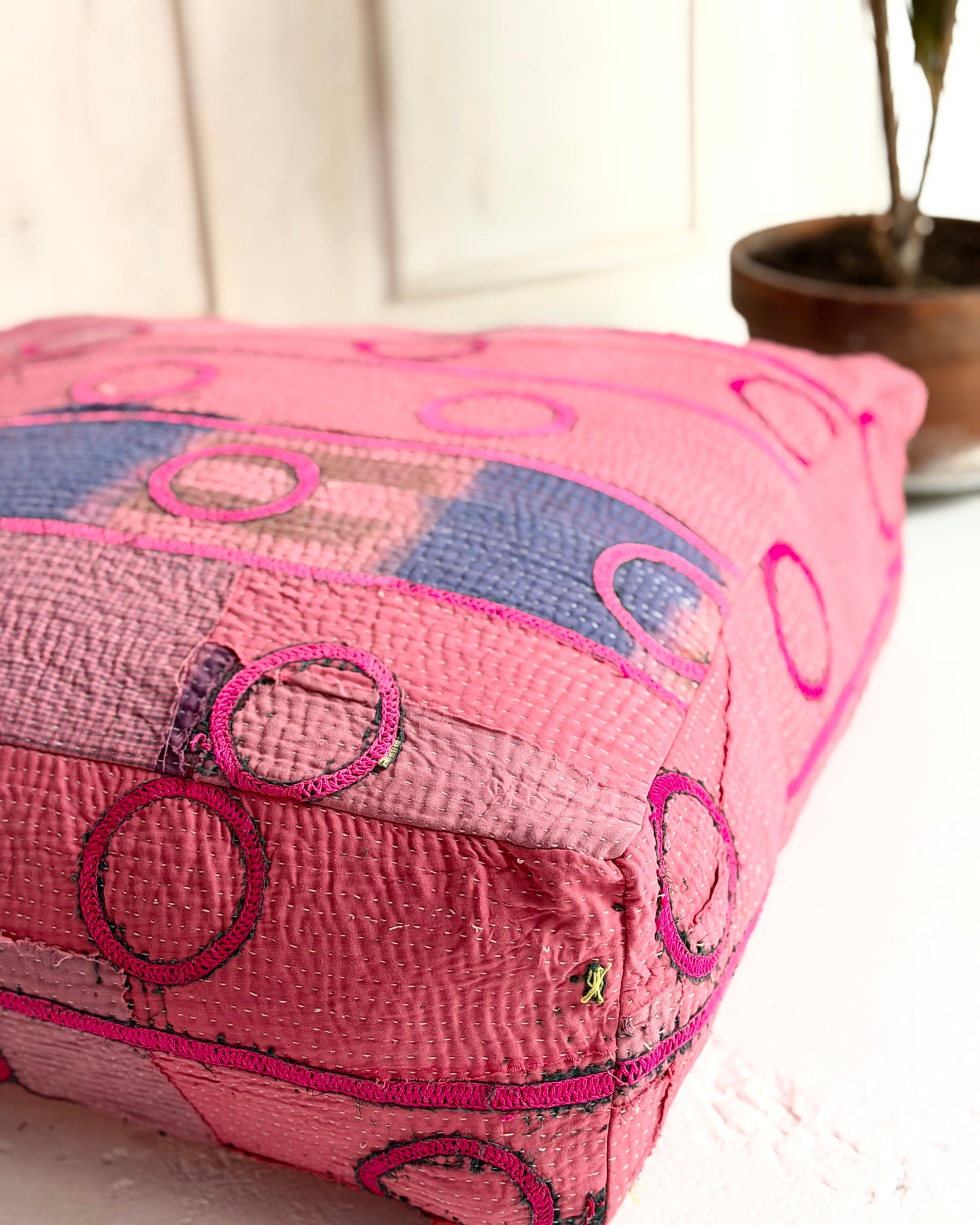 Large Square Kantha Floor Cushion Cover With Pink Circles