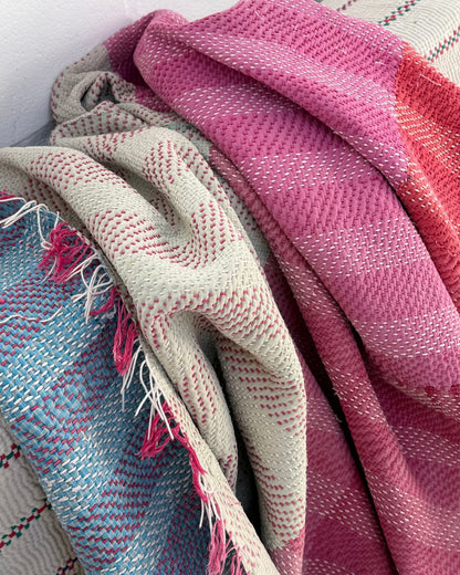 Heavy Kantha Blanket Quilt In Orange, Pink and Blue Colour Blocks - Biggs & Hill
