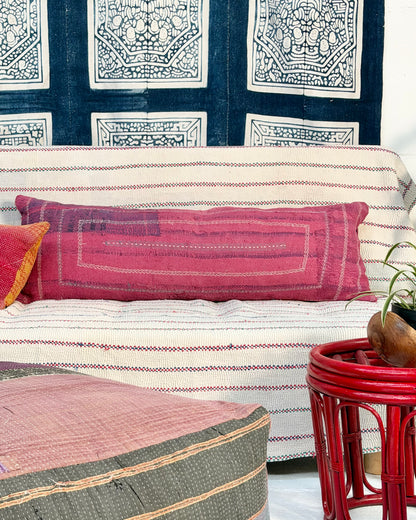Vintage Kantha Bolster Cushion Cover In Pink With Embroidered Stripes - 100cm
