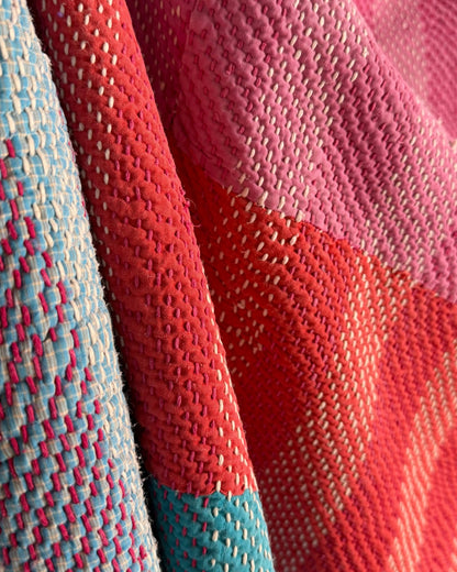 Heavy Kantha Blanket Quilt In Orange, Pink and Blue Colour Blocks - Biggs & Hill