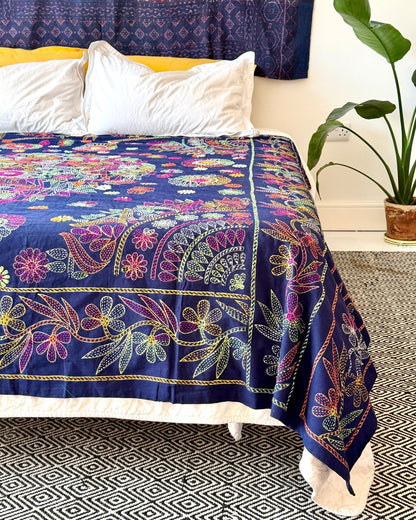 Embroidered Handmade Revival Nakshi Kantha Bedcover in Deep Blue - Biggs & Hill
