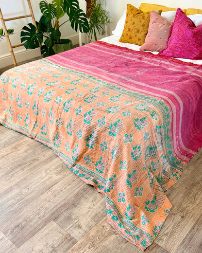Large Textured Vintage Kantha Quilt in Pink and Blue Patterns