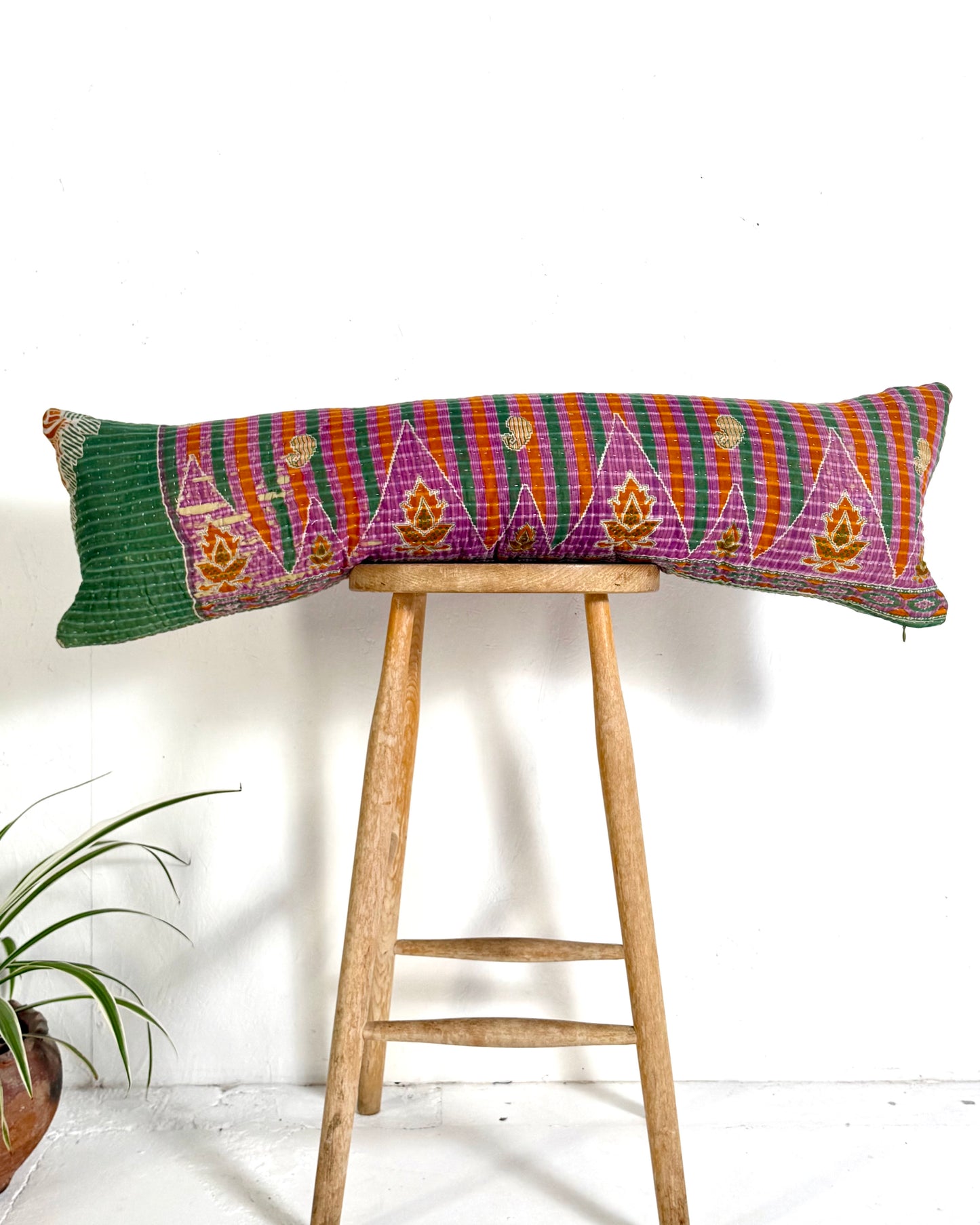 Vintage Kantha Bolster Cushion Cover In Green and Purple 30 x 100cm