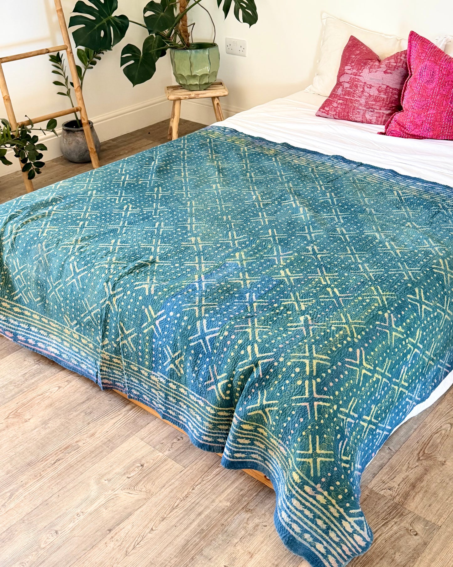 Large Heavy Indigo Print Kantha Quilt