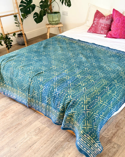 Large Heavy Indigo Print Kantha Quilt