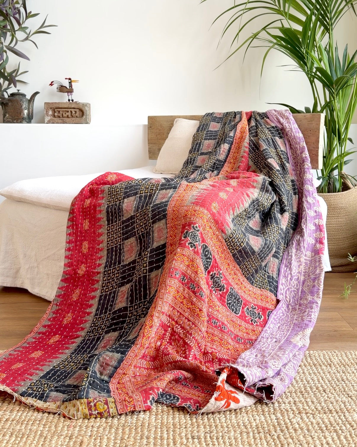 Vintage Cotton Kantha Quilt In Black and Red #25