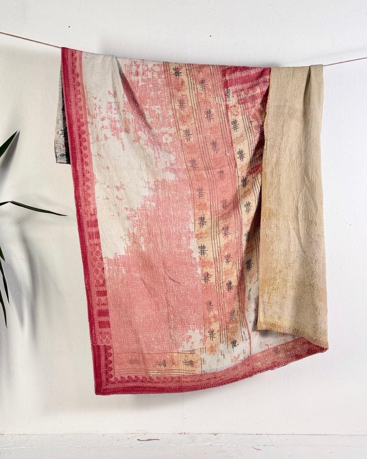 Large Textured Vintage Kantha Quilt in Peachy Pink and Yellow - Biggs & Hill