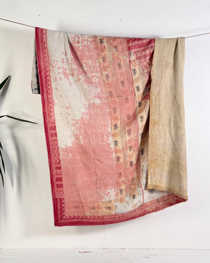 Large Textured Vintage Kantha Quilt in Peachy Pink and Yellow - Biggs & Hill