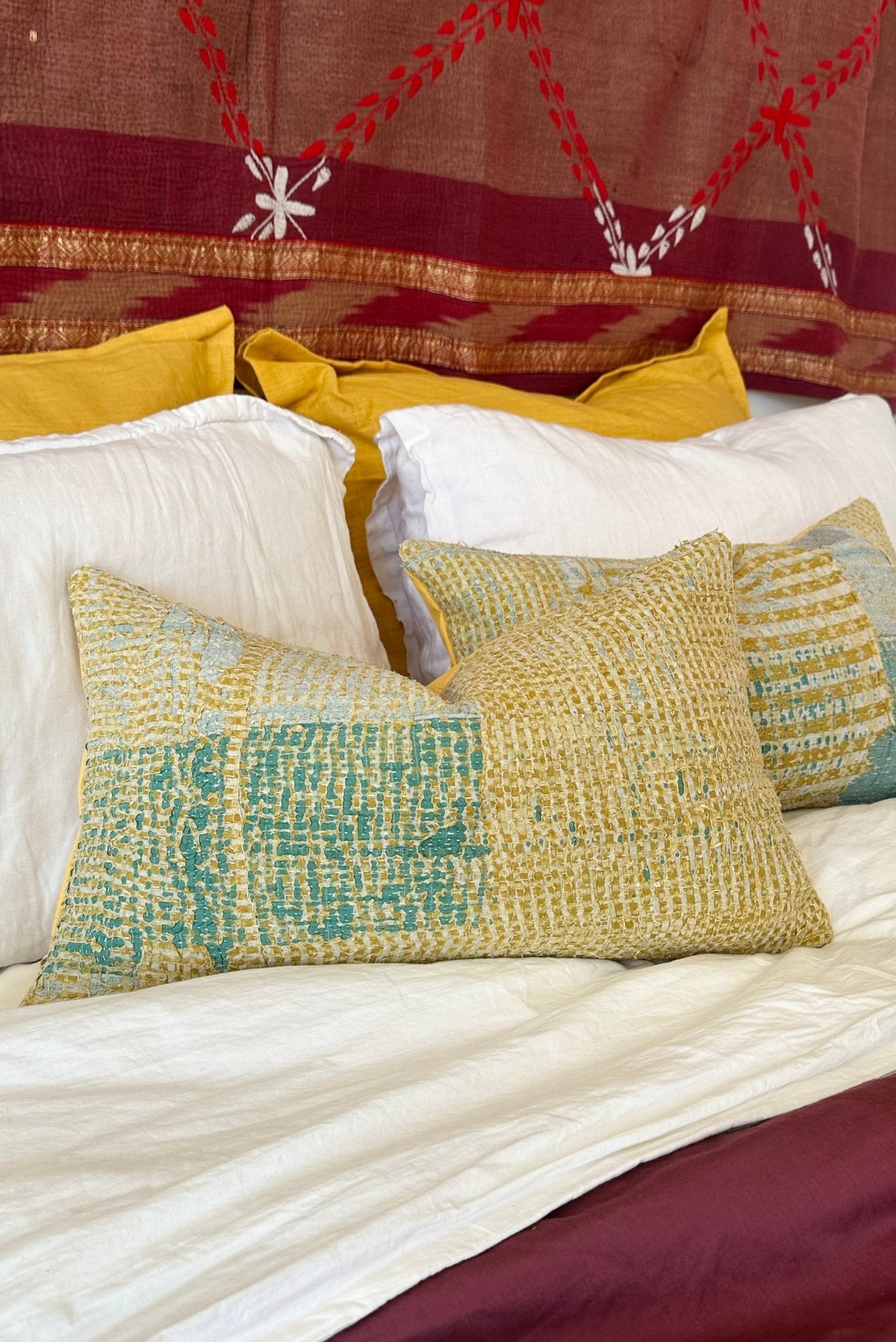 Vintage Kantha Cushion In Yellow 03 - Small Rectangular - Biggs & Hill