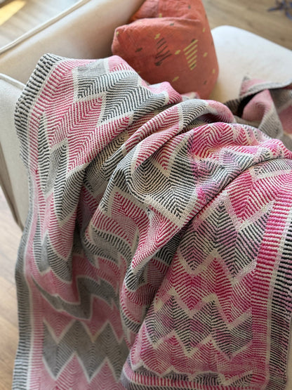 Heavy Vintage Lohori Kantha Quilt in Deep Pink and Black Zig Zags - Biggs & Hill