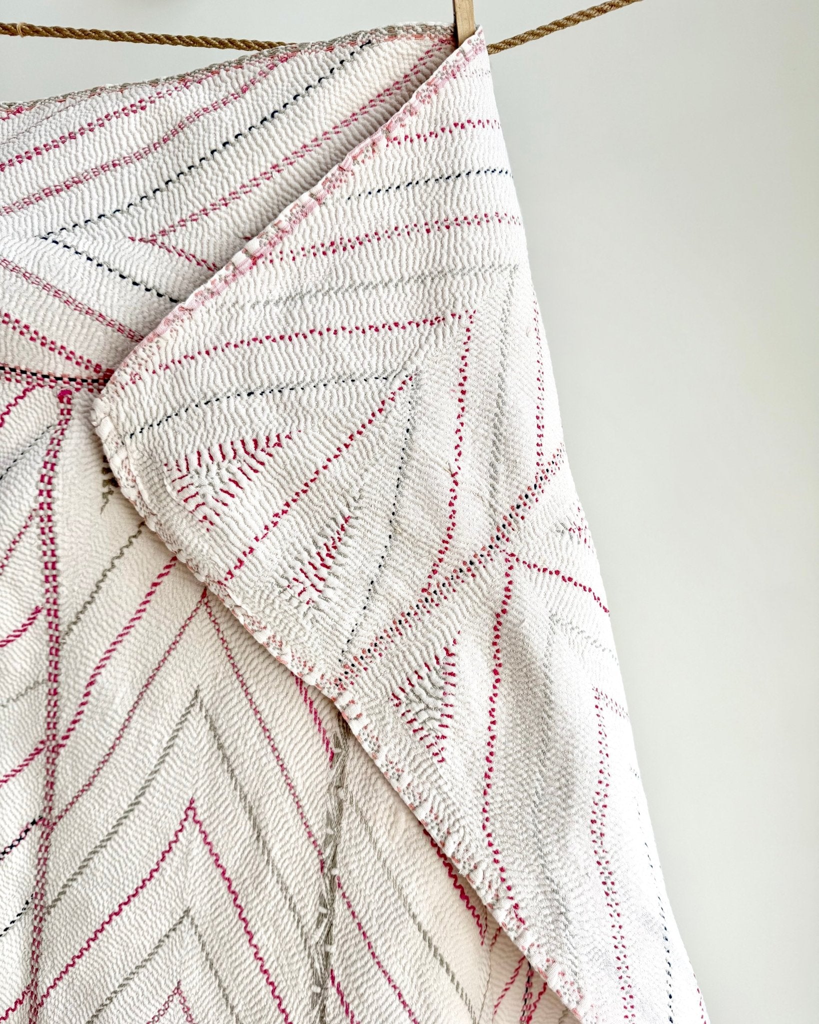 Large Antique Hand Embroidered White Nakshi Kantha From Bengal - Biggs & Hill