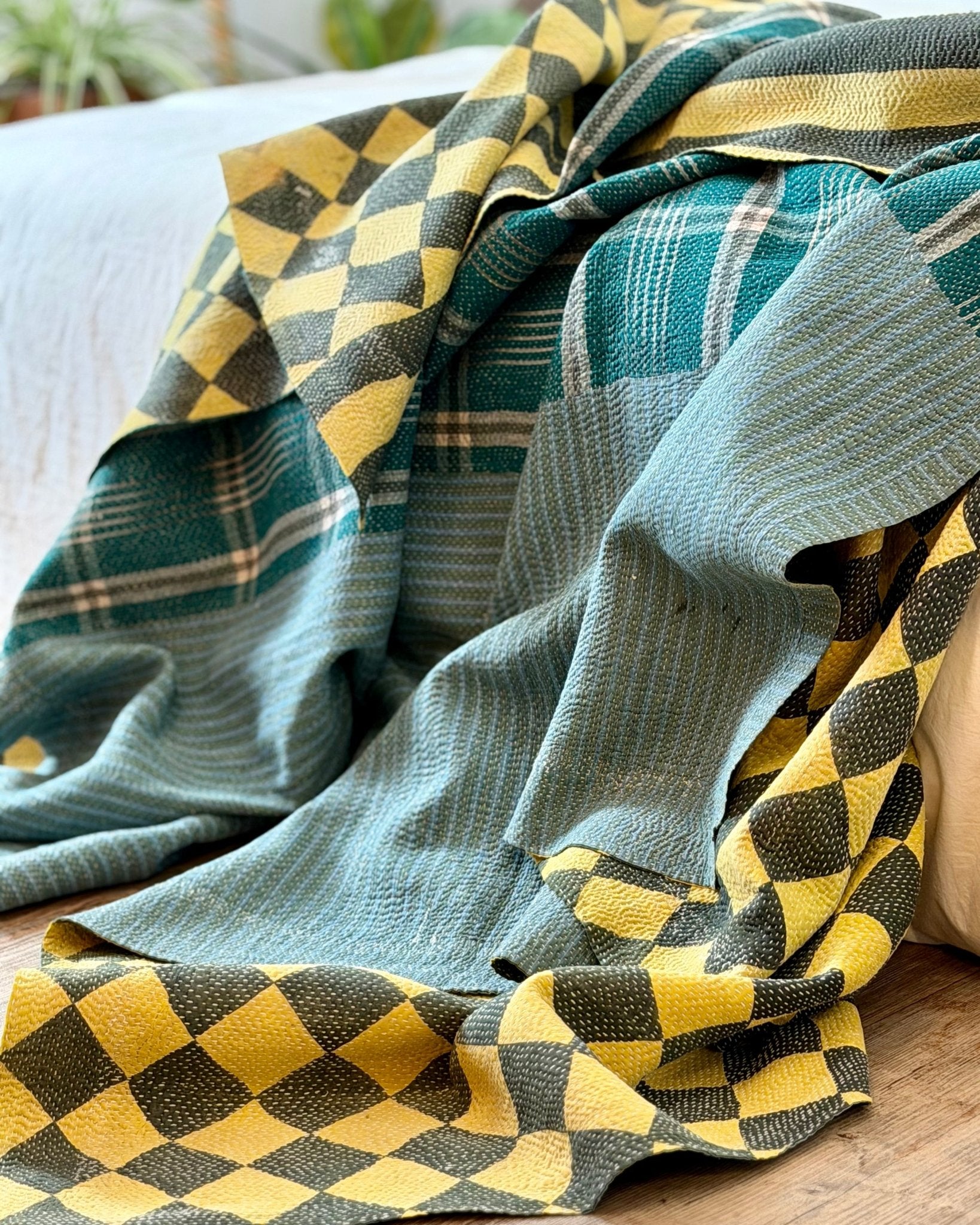 Large Fine Stitched Vintage Kantha Quilt in Diamond Pattern Yellow and Green - Biggs & Hill